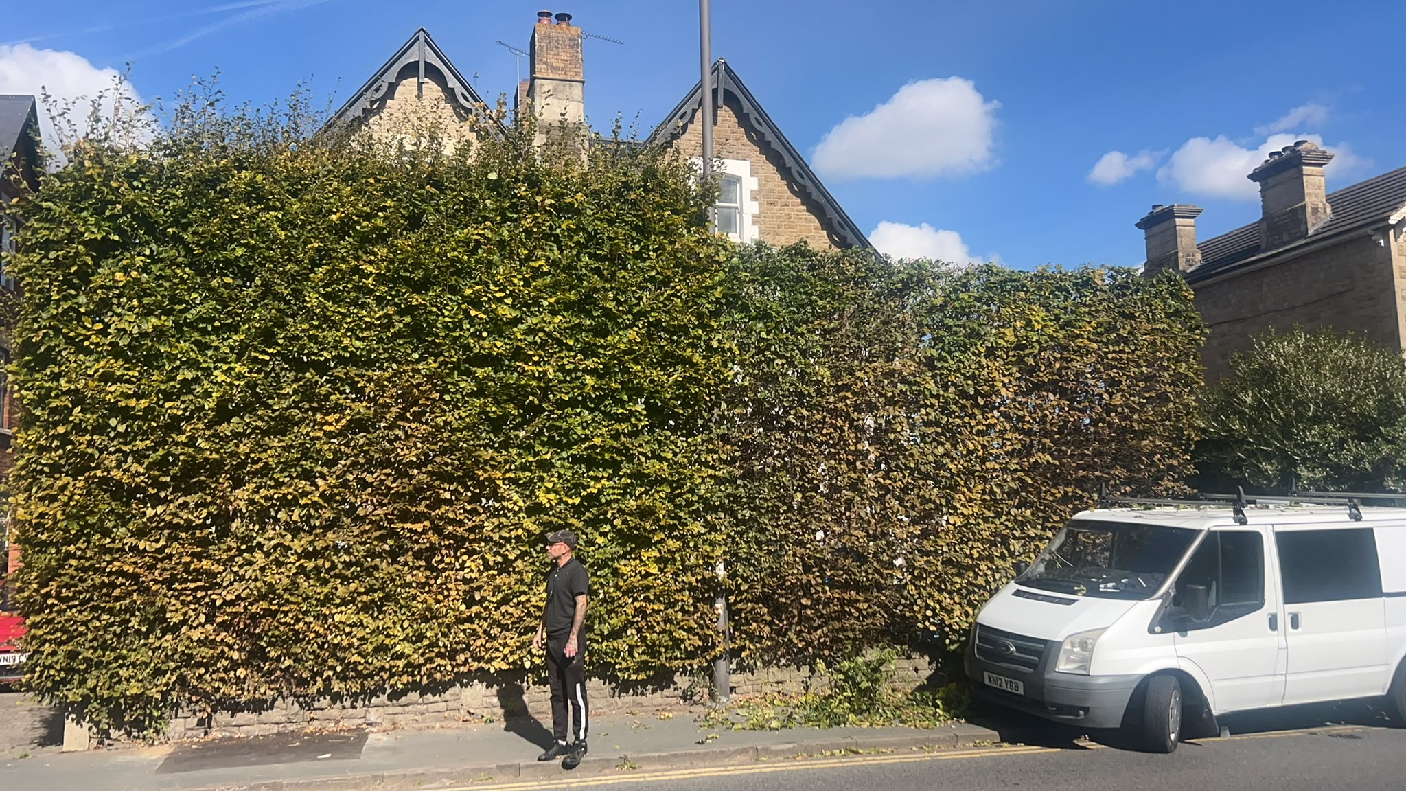 Worker standing beside a very tall dense hedge in front of a stone house with a white work van parked nearby