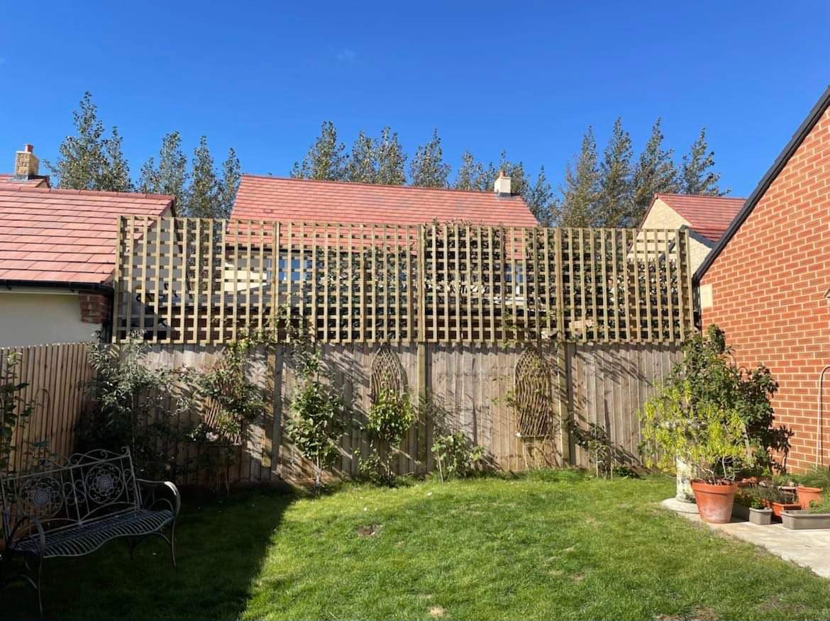 New wooden closeboard fence topped with square-grid trellis panels beside a lawn and garden bench